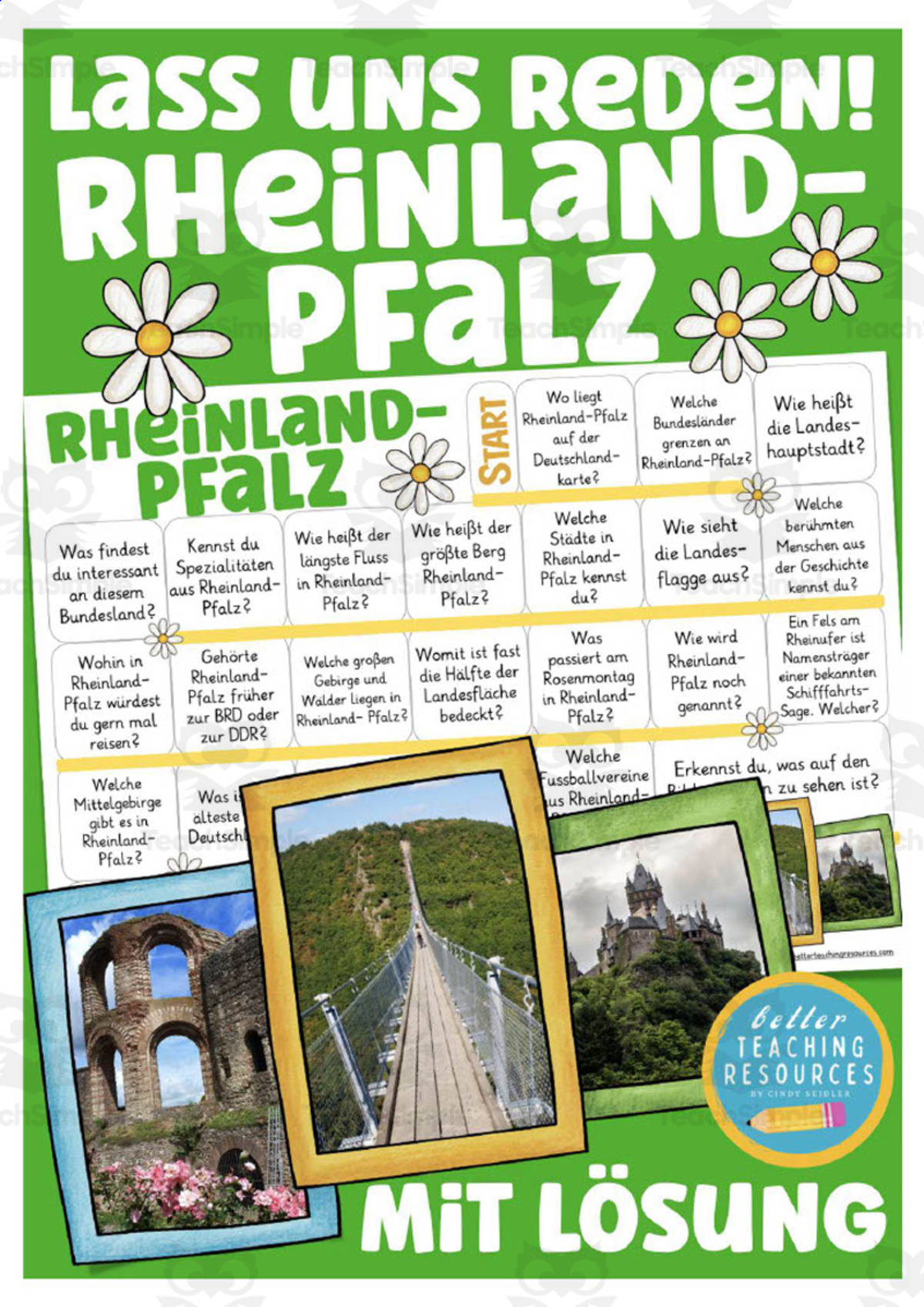An educational teaching resource from Better Teaching Resources entitled German: Let's Talk About Rhineland-Palatinate Board Game downloadable at Teach Simple.