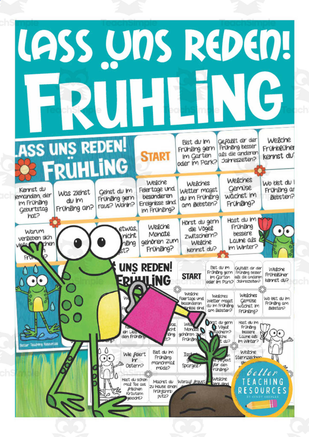 An educational teaching resource from Better Teaching Resources entitled German: Let's Talk About Spring Board Game downloadable at Teach Simple.