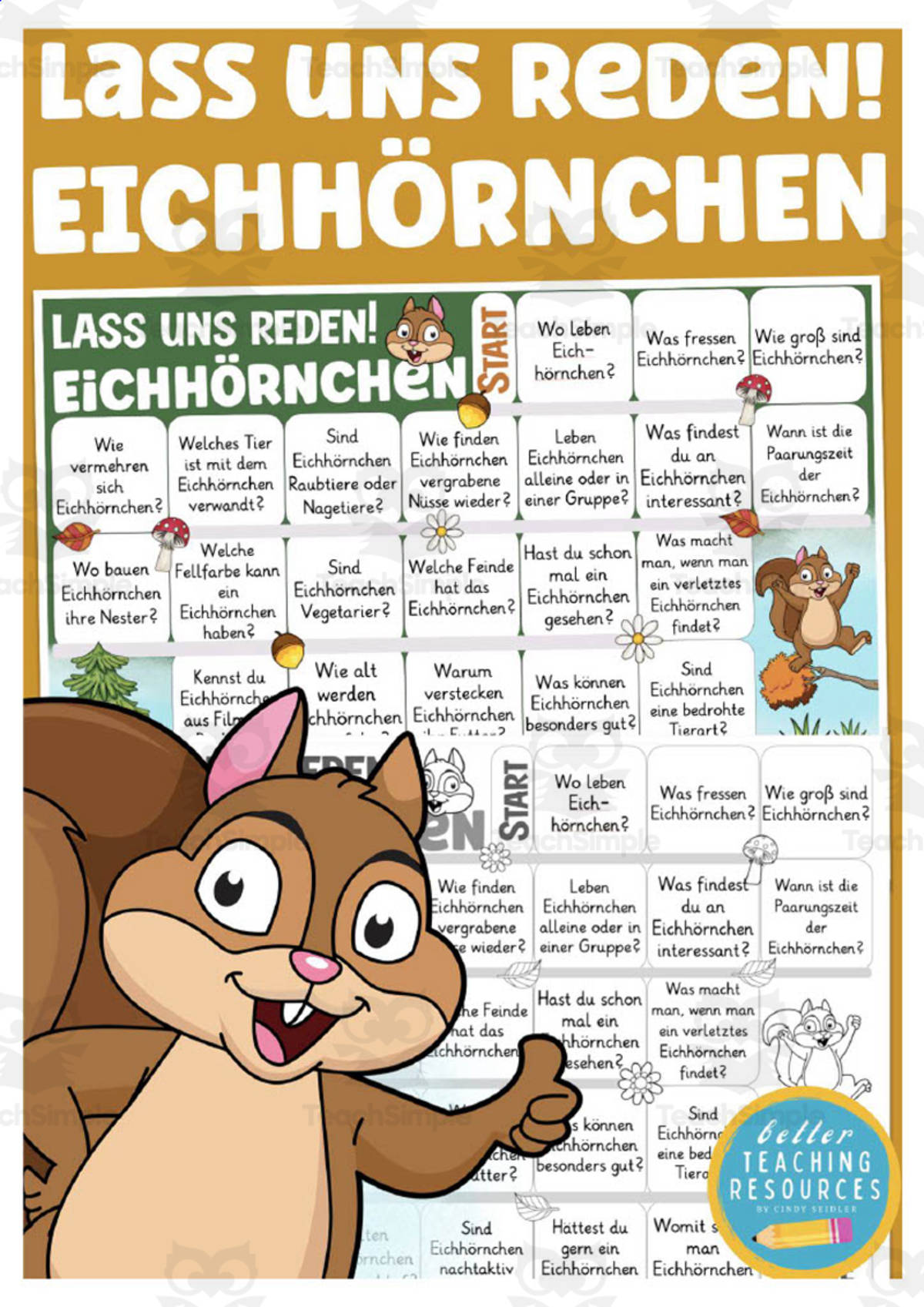 An educational teaching resource from Better Teaching Resources entitled German: Let's Talk About Squirrels Board Game downloadable at Teach Simple.