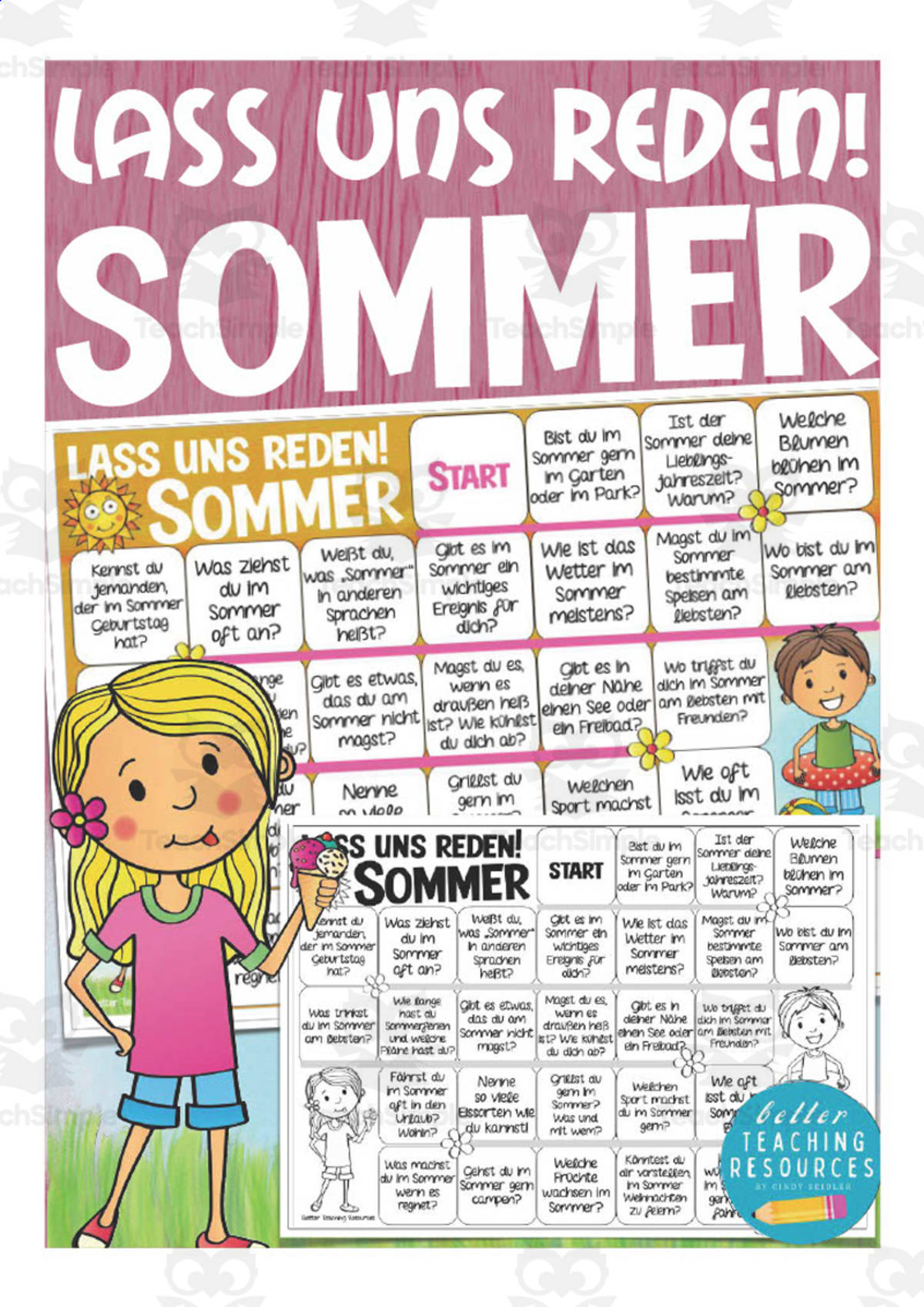 An educational teaching resource from Better Teaching Resources entitled German: Let's Talk About Summer Board Game downloadable at Teach Simple.