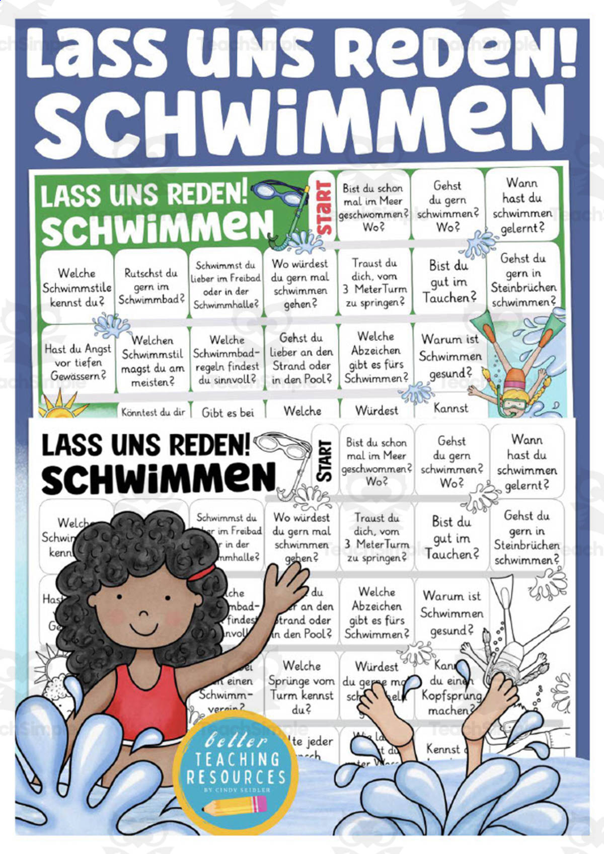 An educational teaching resource from Better Teaching Resources entitled German: Let's Talk About Swimming Board Game downloadable at Teach Simple.