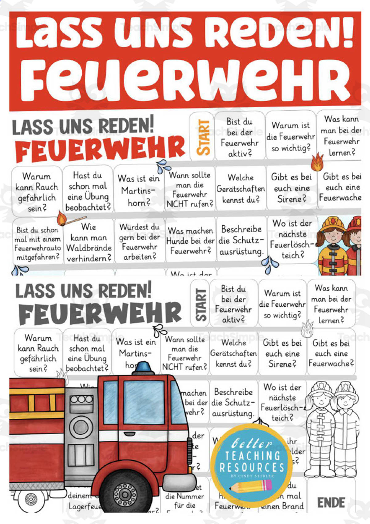 An educational teaching resource from Better Teaching Resources entitled German: Let's Talk About the Fire Department Board Game downloadable at Teach Simple.