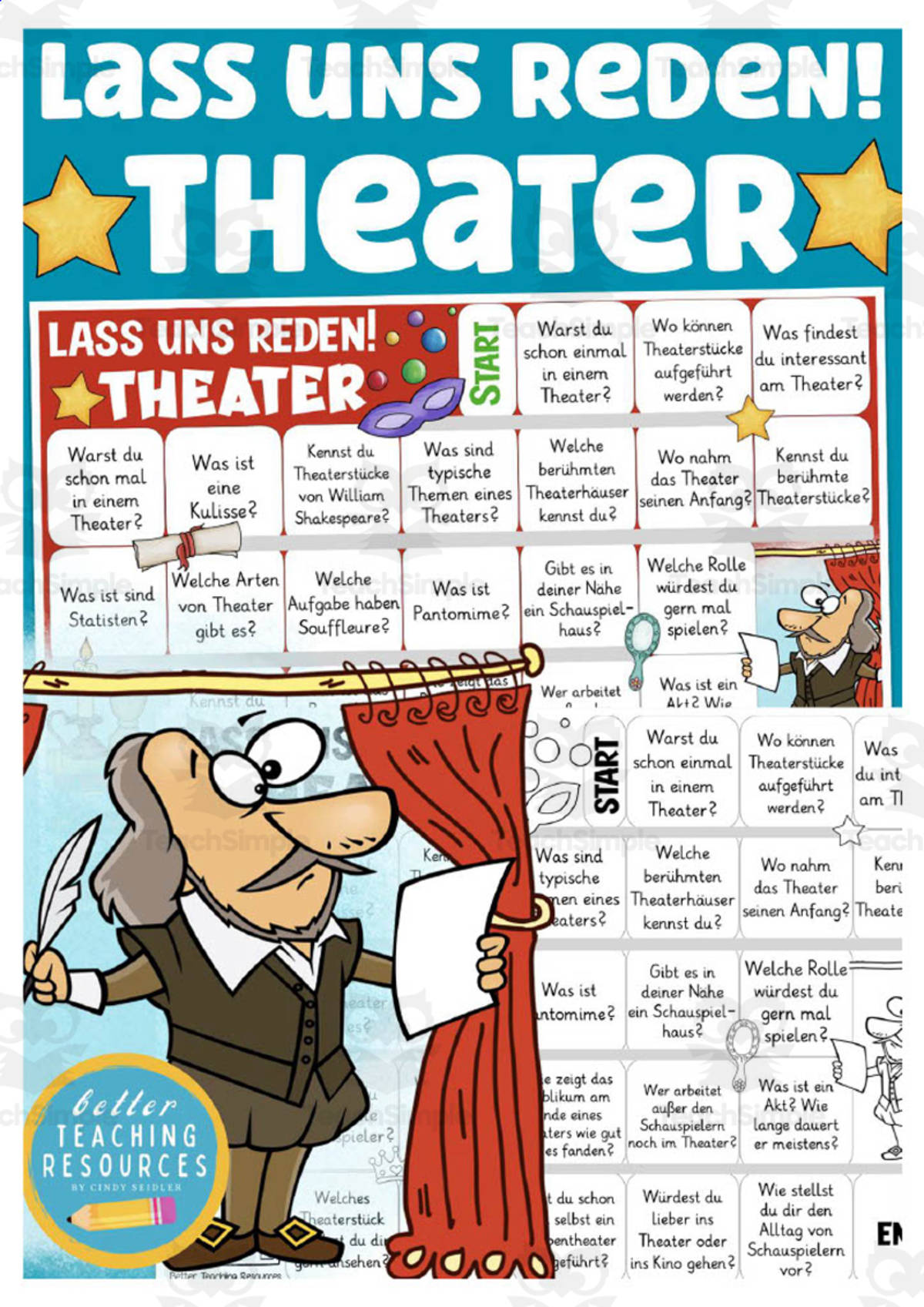 An educational teaching resource from Better Teaching Resources entitled German: Let's Talk About Theater Board Game downloadable at Teach Simple.