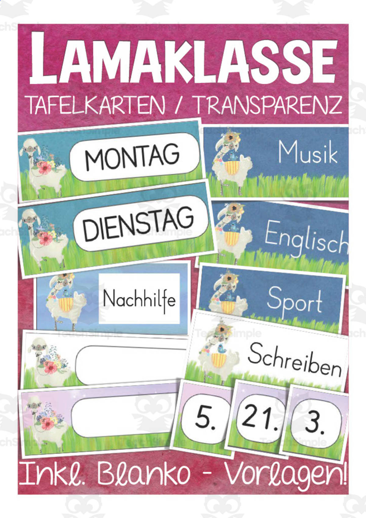 An educational teaching resource from Better Teaching Resources entitled German: Llama Themed Class Material | Blackboard Cards & Blank Templates downloadable at Teach Simple.