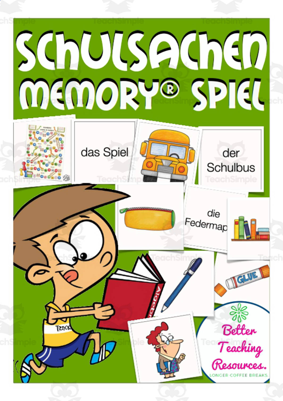 An educational teaching resource from Better Teaching Resources entitled German Memory Cards: At School downloadable at Teach Simple.