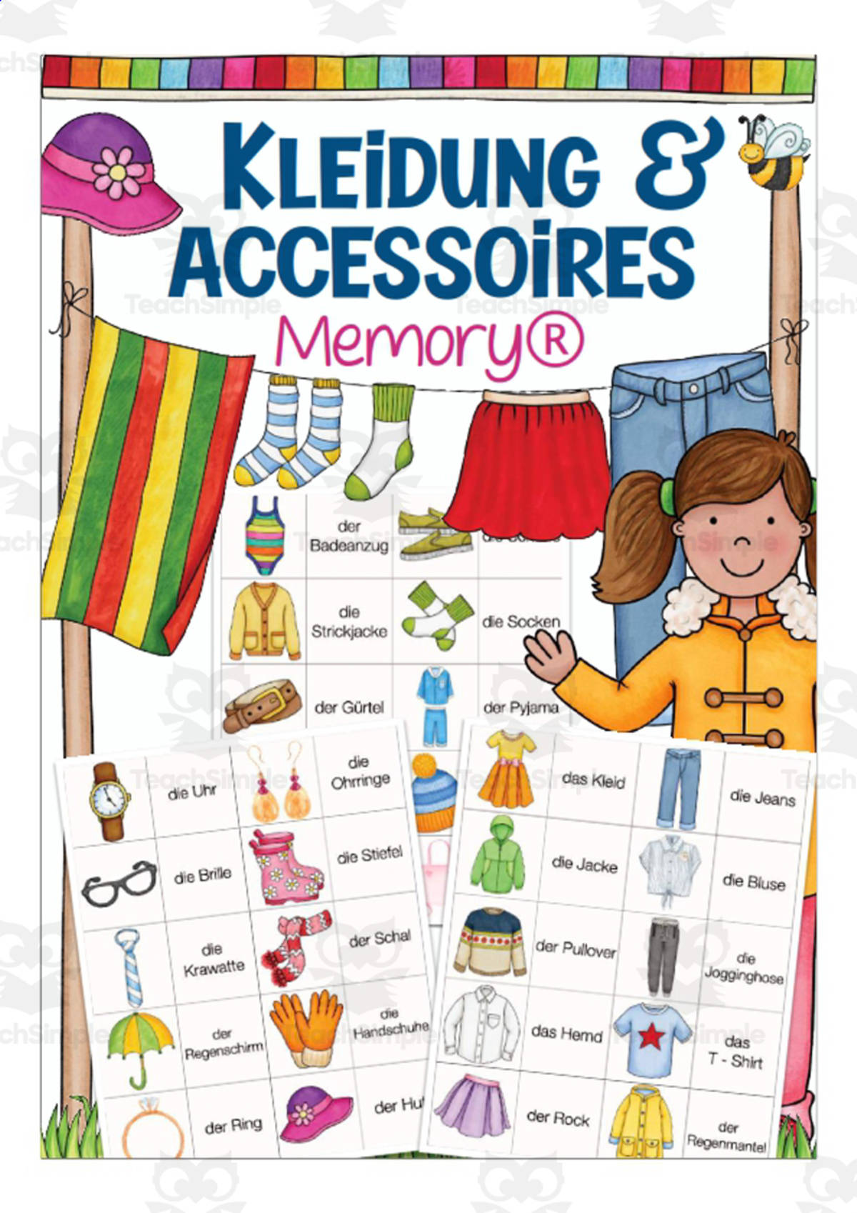 An educational teaching resource from Better Teaching Resources entitled German Memory Cards: Clothing & Accessories downloadable at Teach Simple.