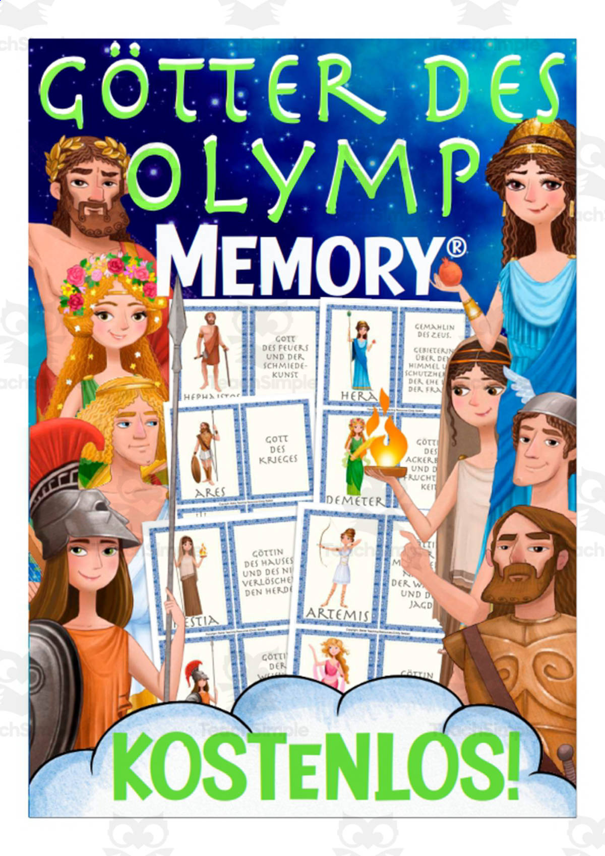 An educational teaching resource from Better Teaching Resources entitled German Memory Cards: Gods of Olympus downloadable at Teach Simple.