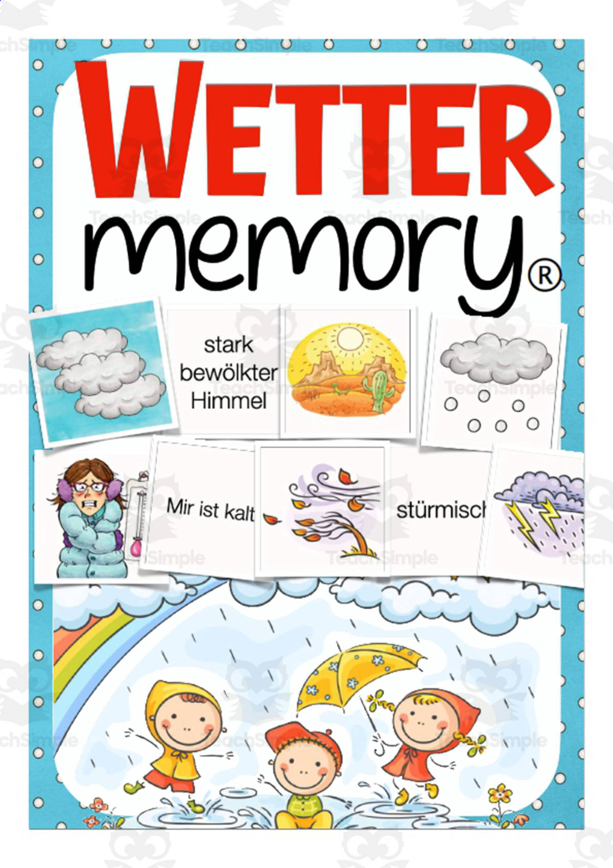 An educational teaching resource from Better Teaching Resources entitled German Memory Cards: Weather downloadable at Teach Simple.