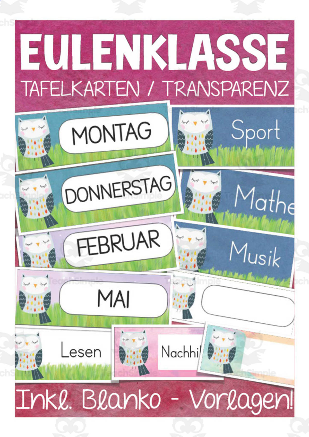 An educational teaching resource from Better Teaching Resources entitled German: Owl Themed Class Material | Table Cards & Blank Templates downloadable at Teach Simple.