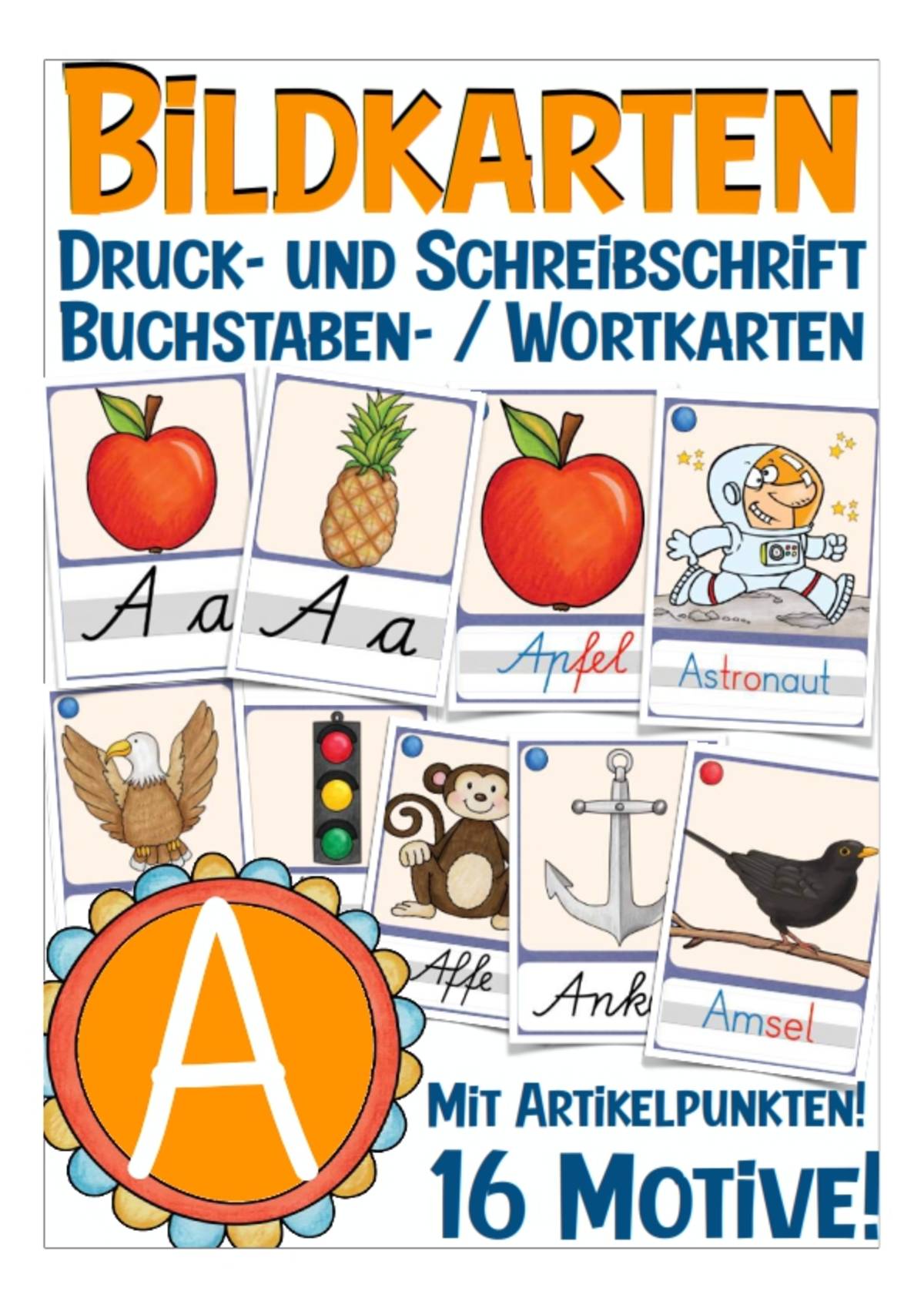 An educational teaching resource from Better Teaching Resources entitled German Picture Cards: Letter A downloadable at Teach Simple.