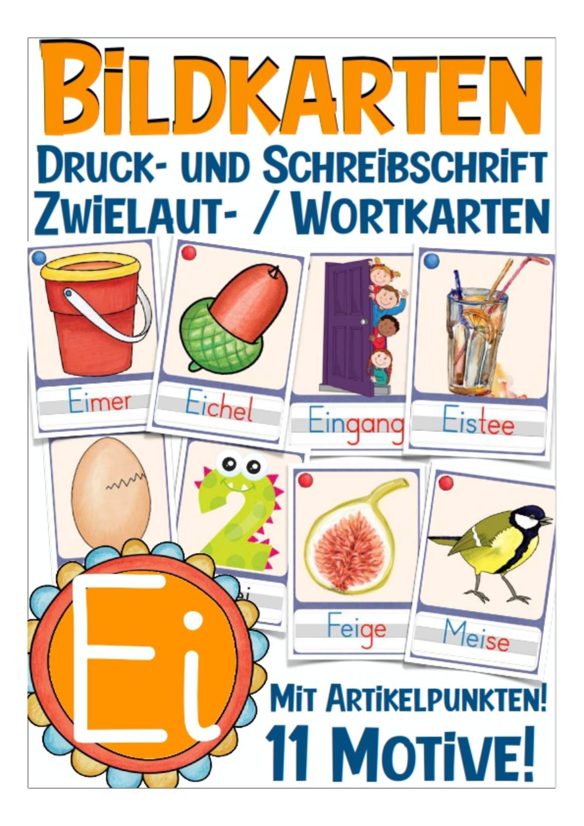 An educational teaching resource from Better Teaching Resources entitled German Picture Cards: Letter Ei downloadable at Teach Simple.
