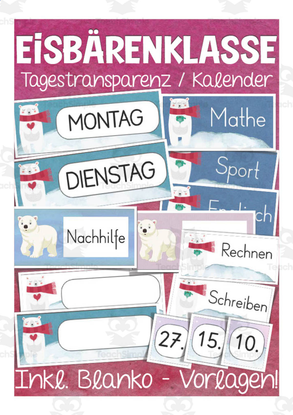 An educational teaching resource from Better Teaching Resources entitled German: Polar Bear Themed Class Material | Table Cards & Blank Templates downloadable at Teach Simple.