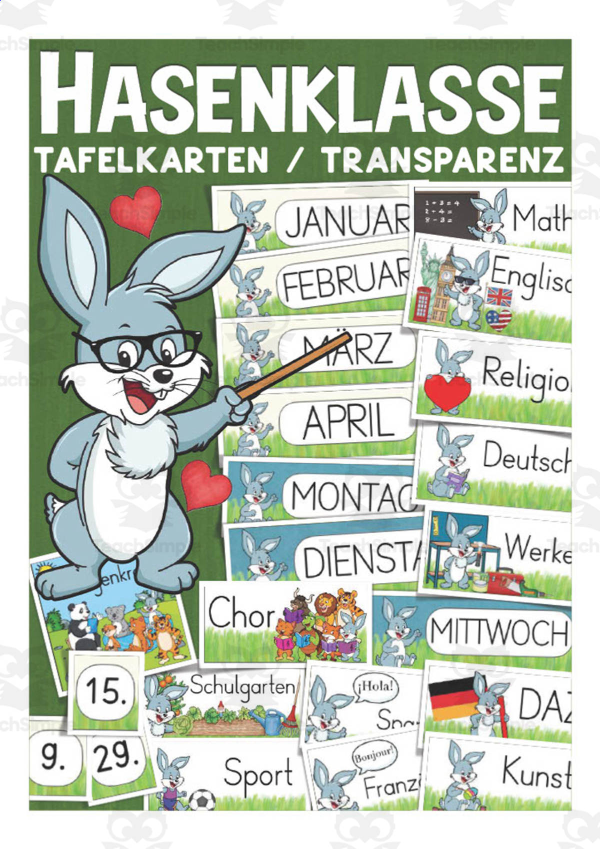 An educational teaching resource from Better Teaching Resources entitled German: Rabbit Themed Class Material | Blackboard Cards & Blank Templates downloadable at Teach Simple.