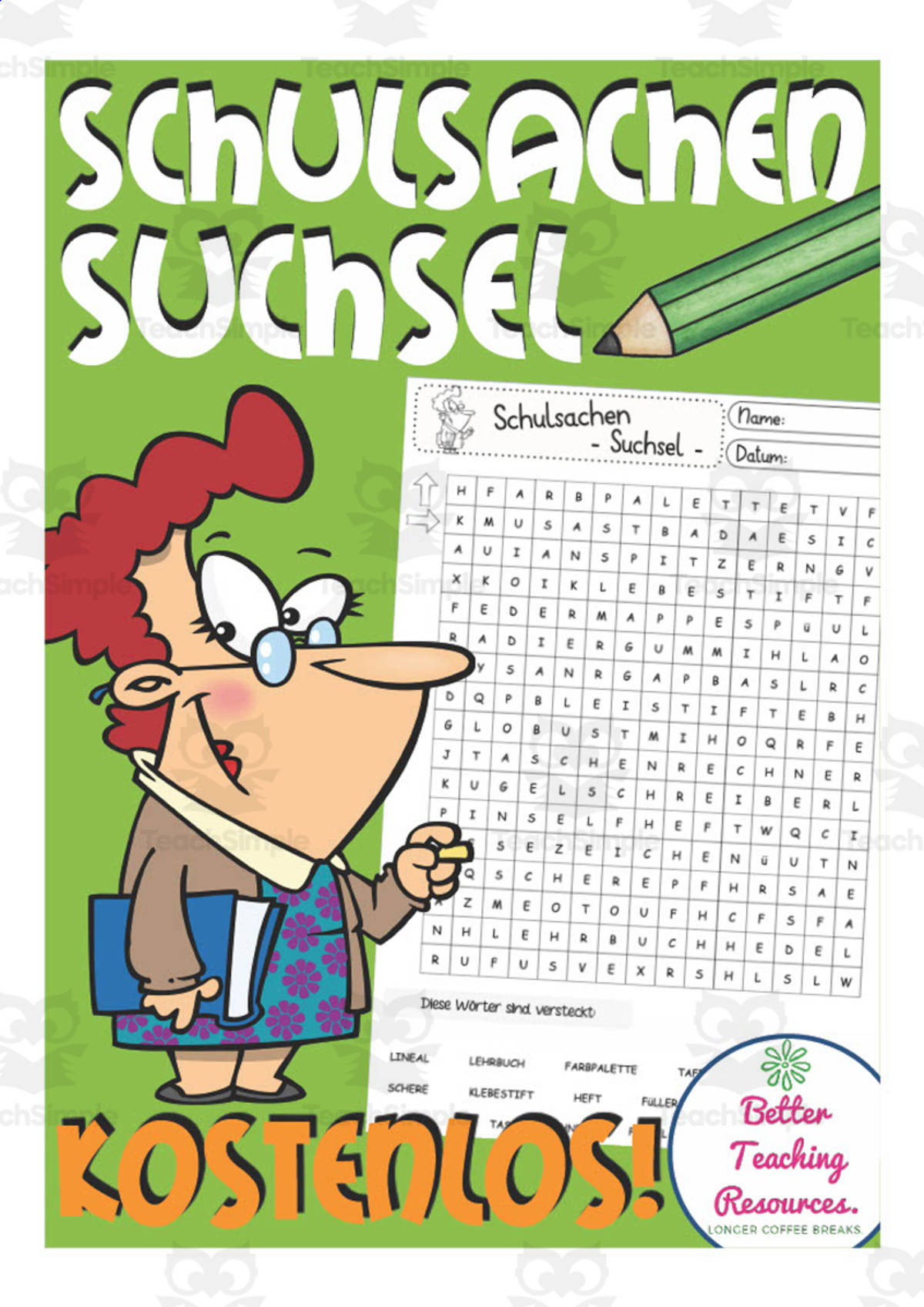 An educational teaching resource from Better Teaching Resources entitled German: School Supplies Word Search downloadable at Teach Simple.