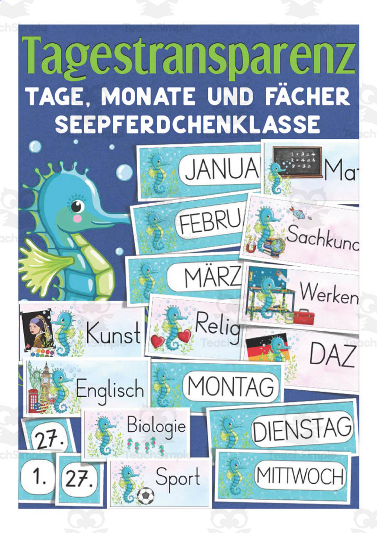 An educational teaching resource from Better Teaching Resources entitled German: Seahorse Themed Class Material | Blackboard Cards & Blank Templates downloadable at Teach Simple.