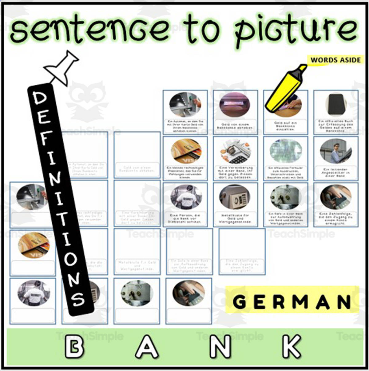 An educational teaching resource from WORDS ASIDE entitled German Sentence to Picture Activities Flashcards 4 downloadable at Teach Simple.