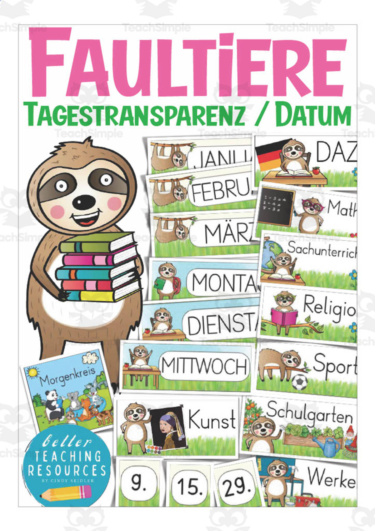 An educational teaching resource from Better Teaching Resources entitled German: Sloth Themed Class Material | Blackboard Cards & Blank Templates downloadable at Teach Simple.