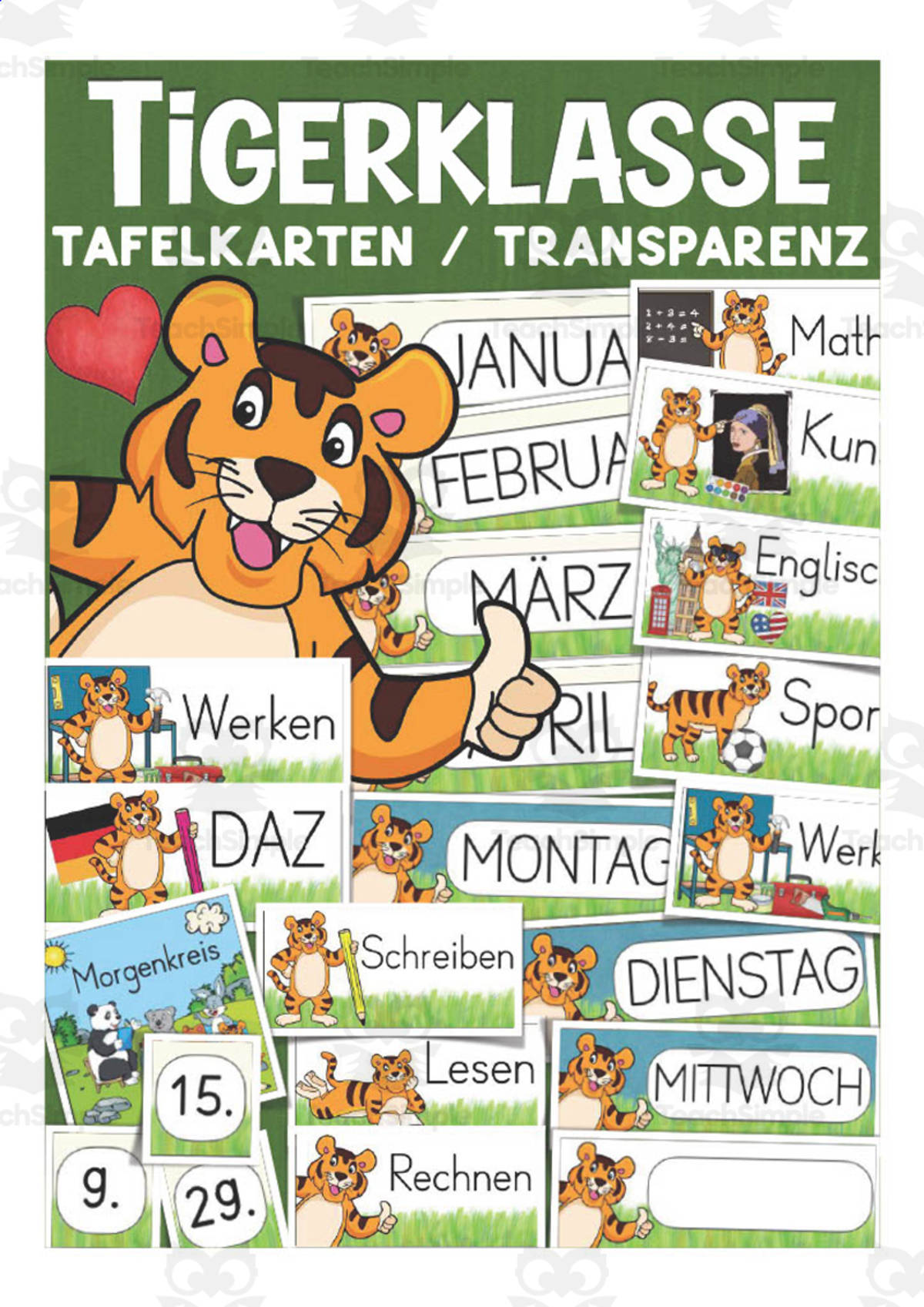An educational teaching resource from Better Teaching Resources entitled German: Tiger Themed Class Material | Blackboard Cards & Blank Templates downloadable at Teach Simple.