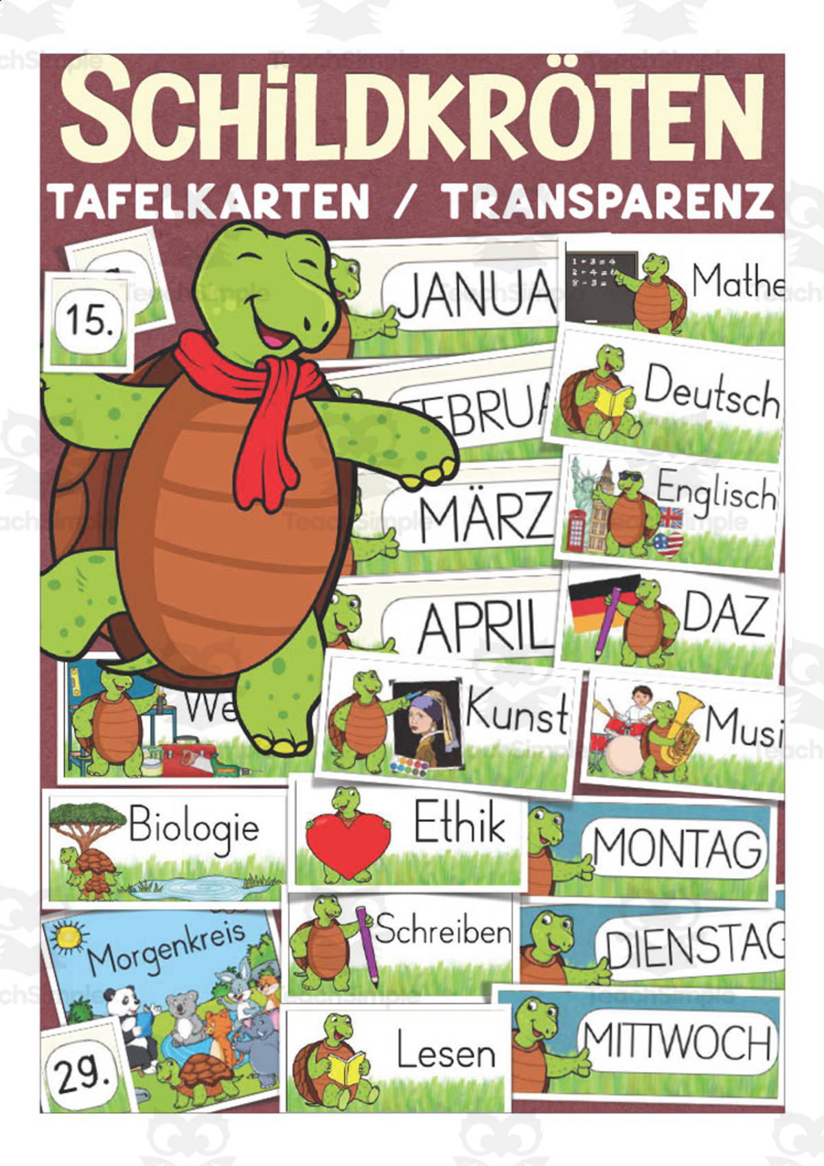 An educational teaching resource from Better Teaching Resources entitled German: Turtle Themed Class Material | Blackboard Cards & Blank Templates downloadable at Teach Simple.