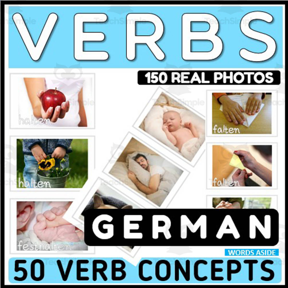 An educational teaching resource from WORDS ASIDE entitled German Verbs Flash Cards Vocabulary Real Photos downloadable at Teach Simple.