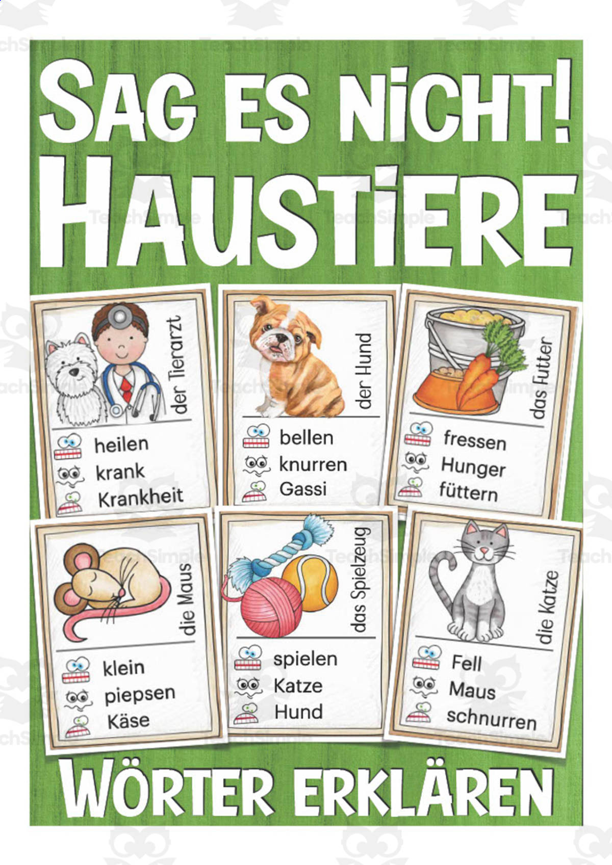 An educational teaching resource from Better Teaching Resources entitled German Word Game: Don't Say it! Pets Theme downloadable at Teach Simple.