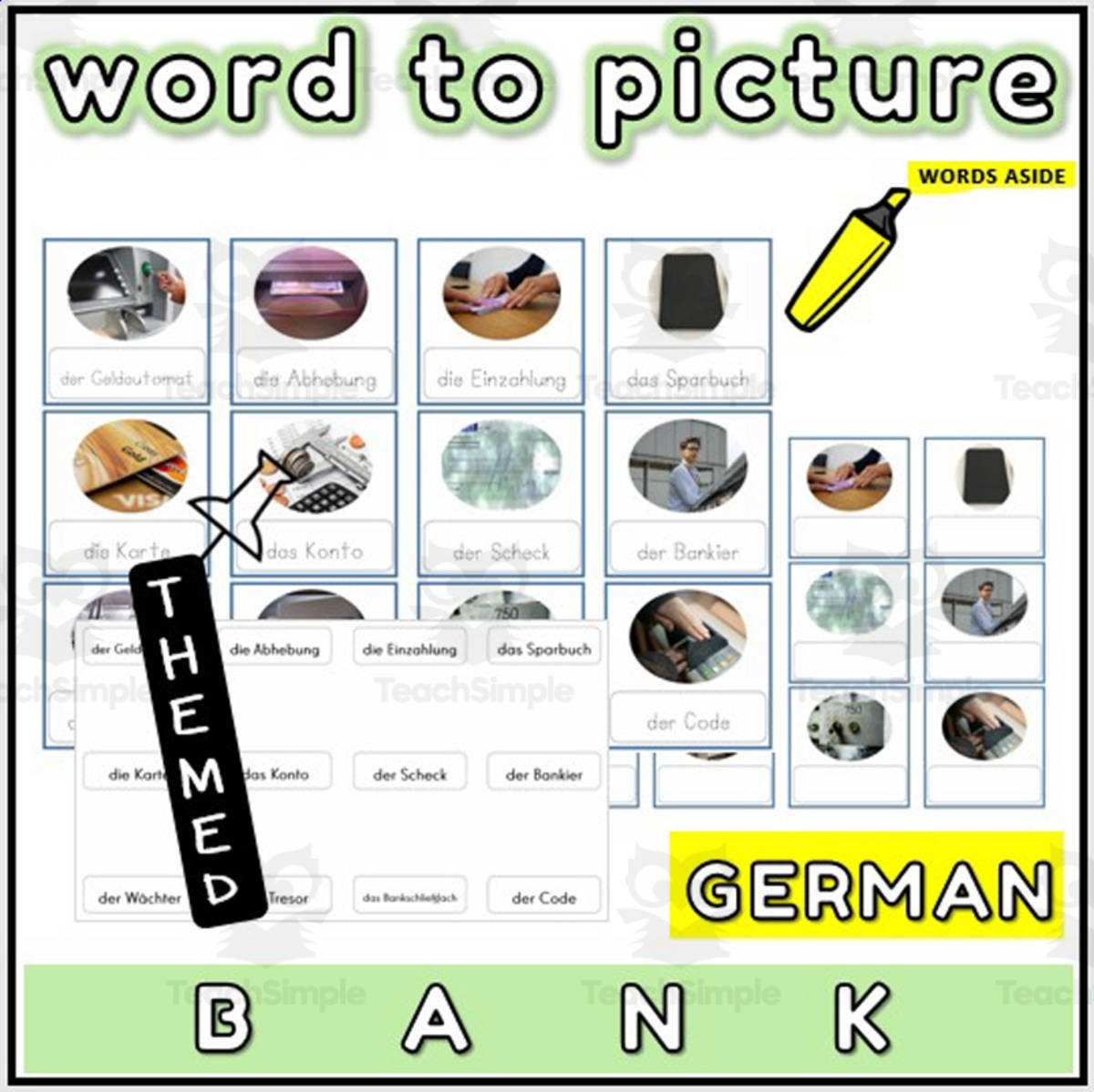 An educational teaching resource from WORDS ASIDE entitled German Word to Picture Activities Flashcards 4 downloadable at Teach Simple.