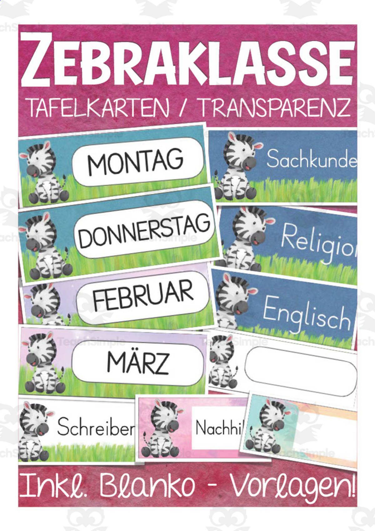 An educational teaching resource from Better Teaching Resources entitled German: Zebra Themed Class Material | Blackboard Cards & Blank Templates downloadable at Teach Simple.
