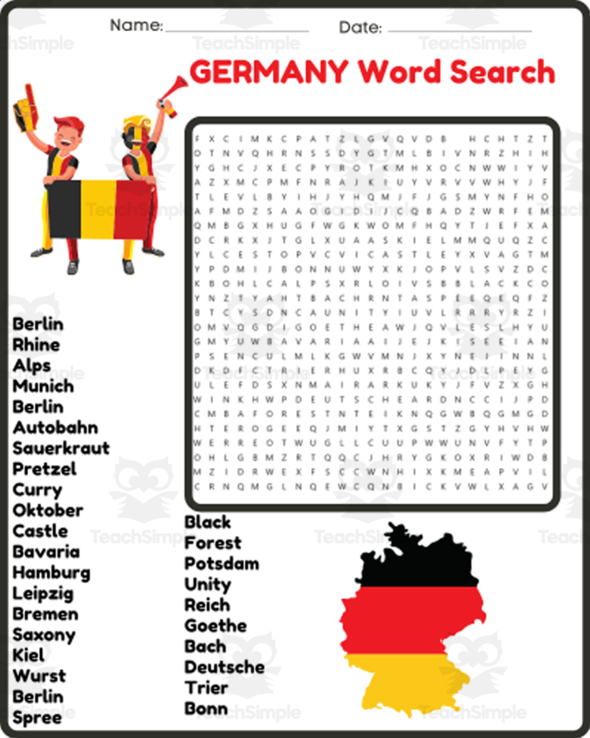 An educational teaching resource from space shope entitled GERMANY Word Search Puzzle Worksheet Activity downloadable at Teach Simple.
