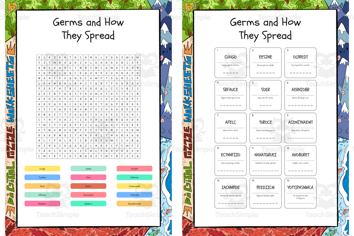 An educational teaching resource from Lapiiin Art Activities entitled Germs and How They Spread word search, scramble and crossword puzzle downloadable at Teach Simple.