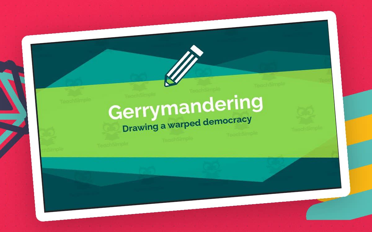 An educational teaching resource from Ed Dynamic entitled Gerrymandering and Redistricting (Worksheets, Slides, and an Interactive Game) downloadable at Teach Simple.