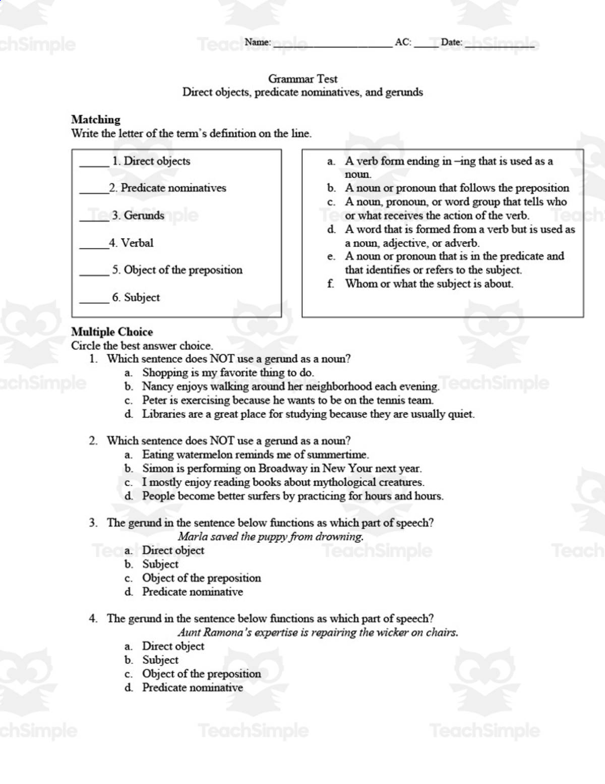 An educational teaching resource from Sarah Miller Tech entitled Gerund Assessment downloadable at Teach Simple.
