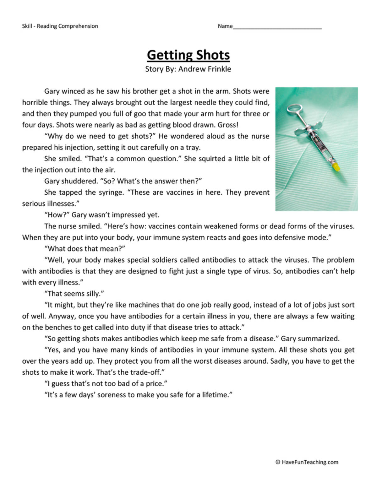 An educational teaching resource from Have Fun Teaching entitled Getting Shots - Reading Comprehension Worksheet downloadable at Teach Simple.