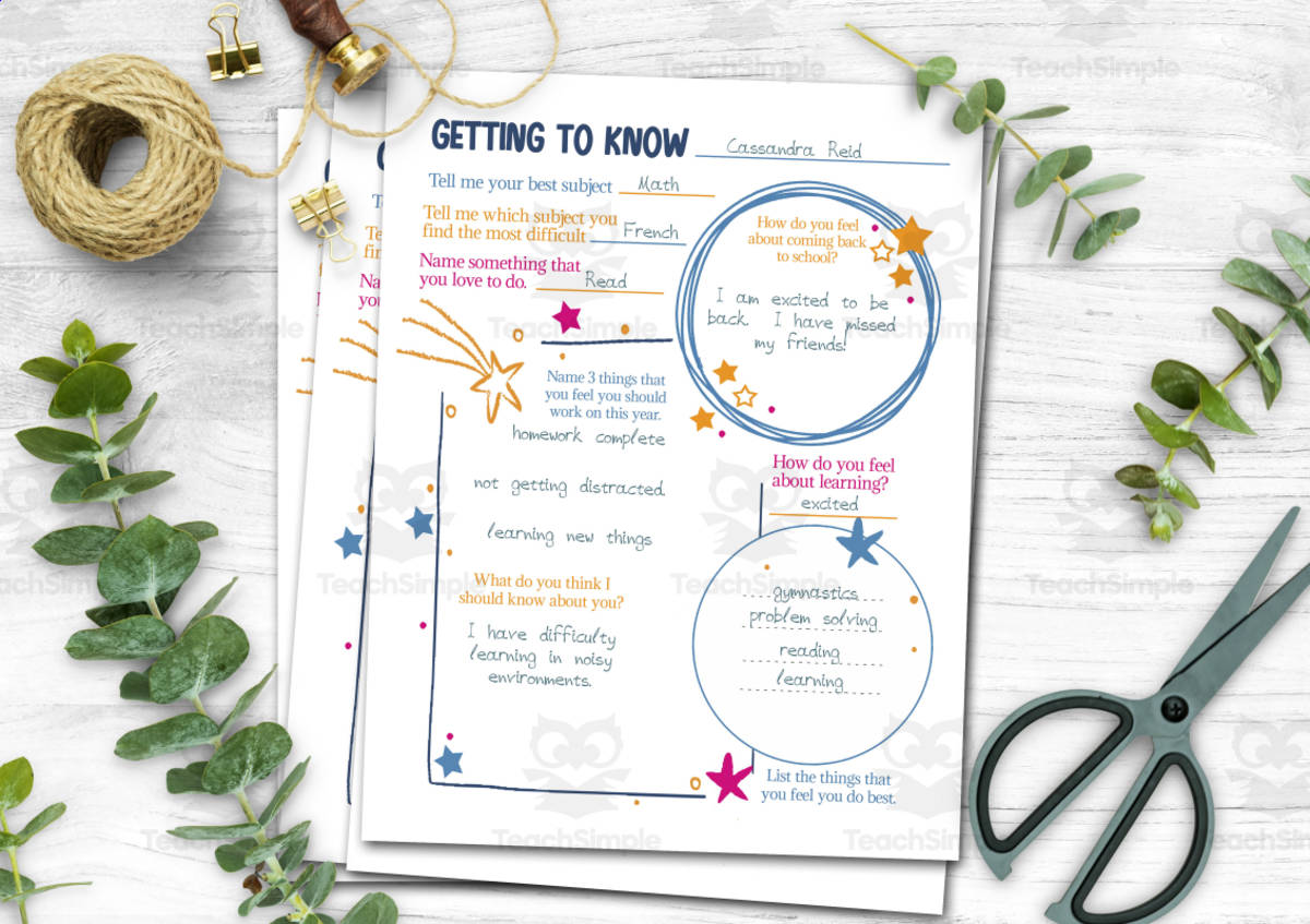 An educational teaching resource from Forever June Digital Design entitled Getting to Know You Student Questionnaire downloadable at Teach Simple.