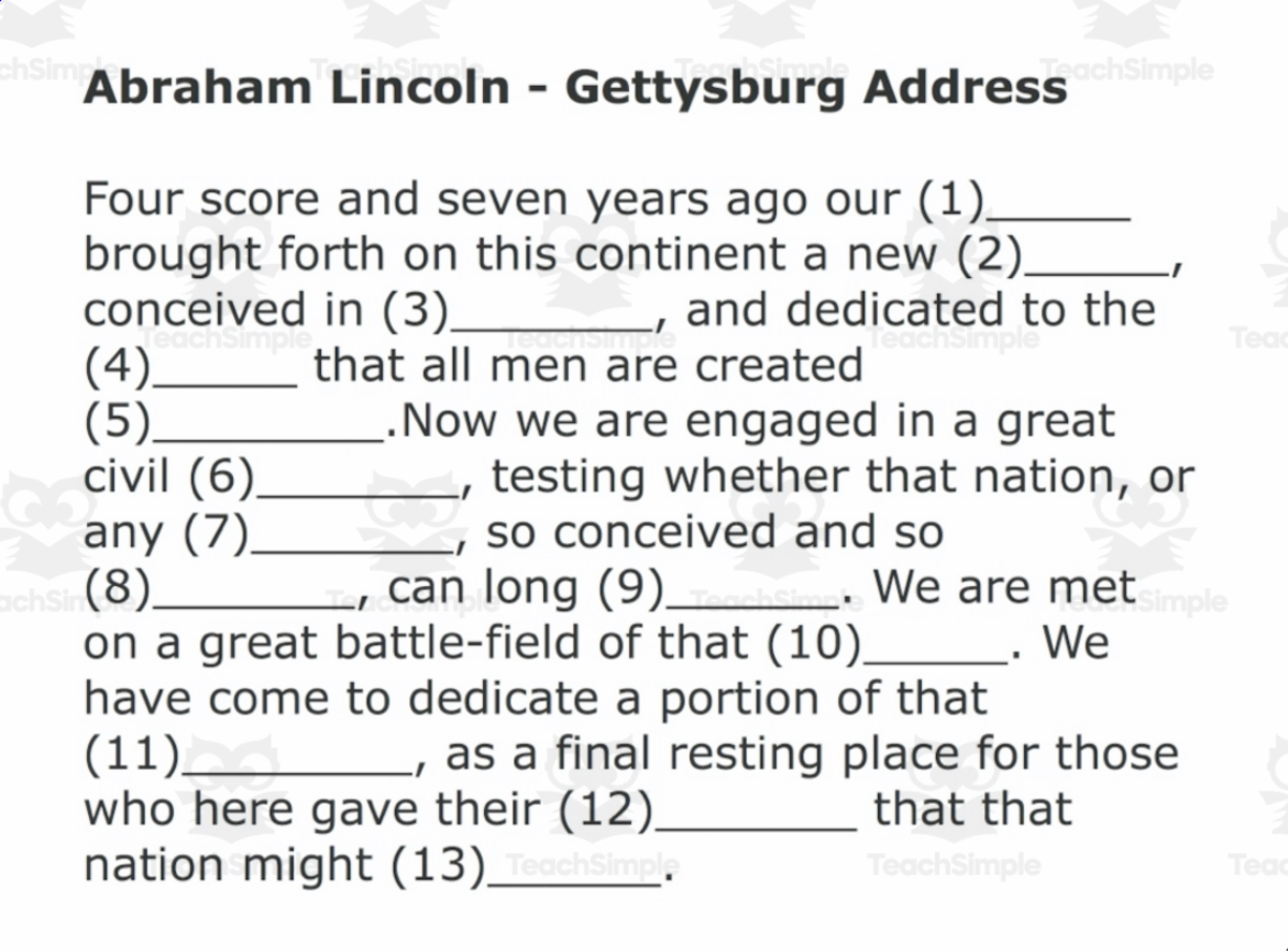 An educational teaching resource from Audio Memory entitled Gettysburg Address Song downloadable at Teach Simple.