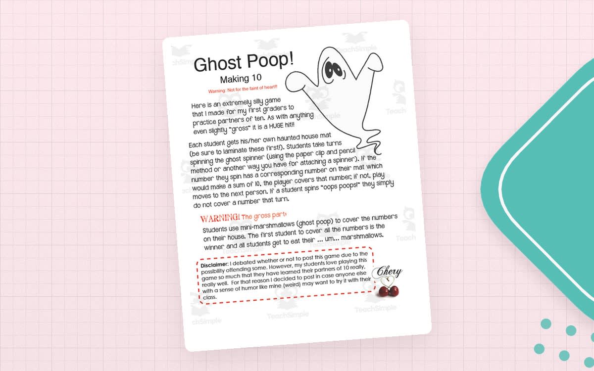 An educational teaching resource from Easy Peasy Primary Resources entitled Ghost Poop Making 10 Maths Game downloadable at Teach Simple.