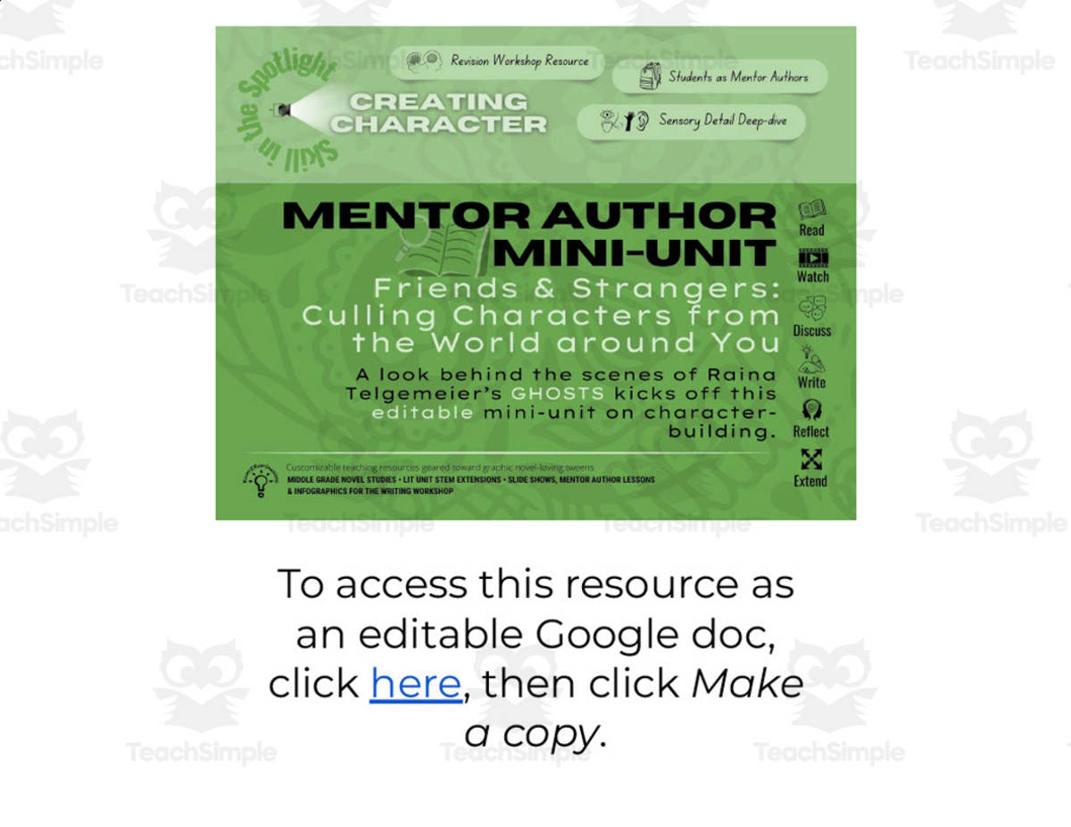 An educational teaching resource from Room2Ruminations entitled "Ghosts" Creating Character + Mentor Author Mini Unit downloadable at Teach Simple.