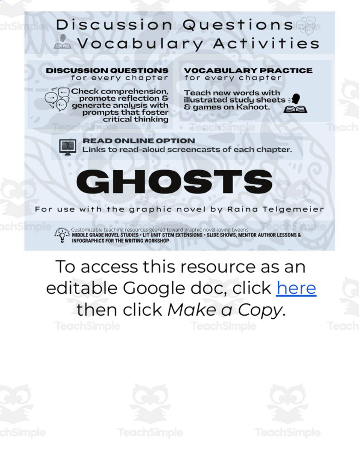 An educational teaching resource from Room2Ruminations entitled "Ghosts" Discussion + Vocabulary Activities downloadable at Teach Simple.