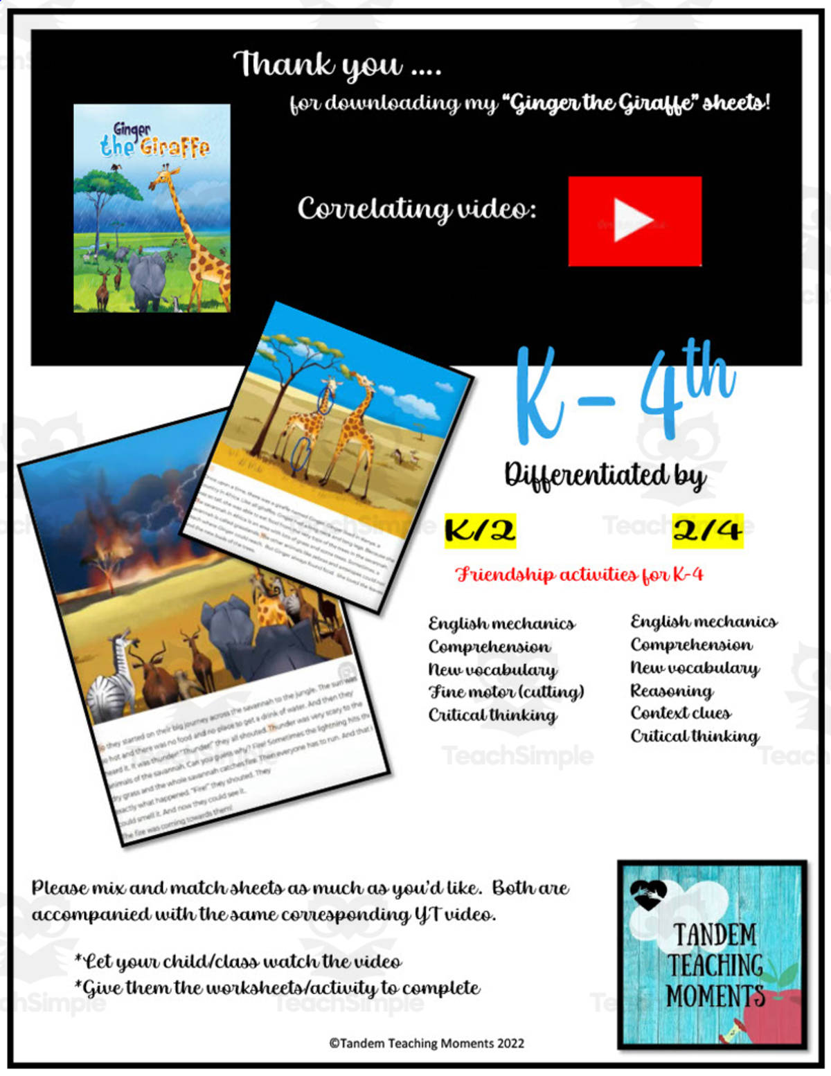 An educational teaching resource from Tandem Teaching Moments entitled "Ginger the Giraffe" Worksheet Packet downloadable at Teach Simple.