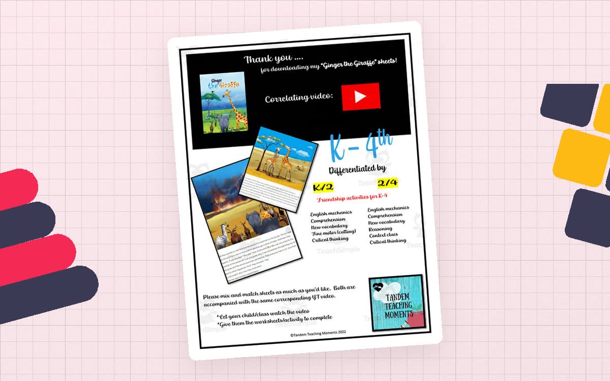 An educational teaching resource from Tandem Teaching Moments entitled "Ginger the Giraffe" Worksheet Packet downloadable at Teach Simple.