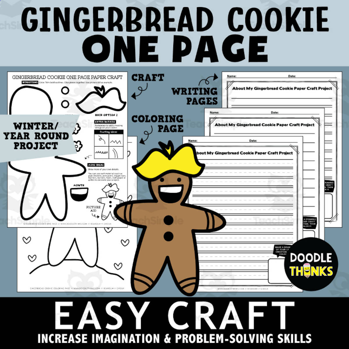 An educational teaching resource from Doodle Thinks entitled Gingerbread Cookie One Page Paper Craft Art Activities downloadable at Teach Simple.
