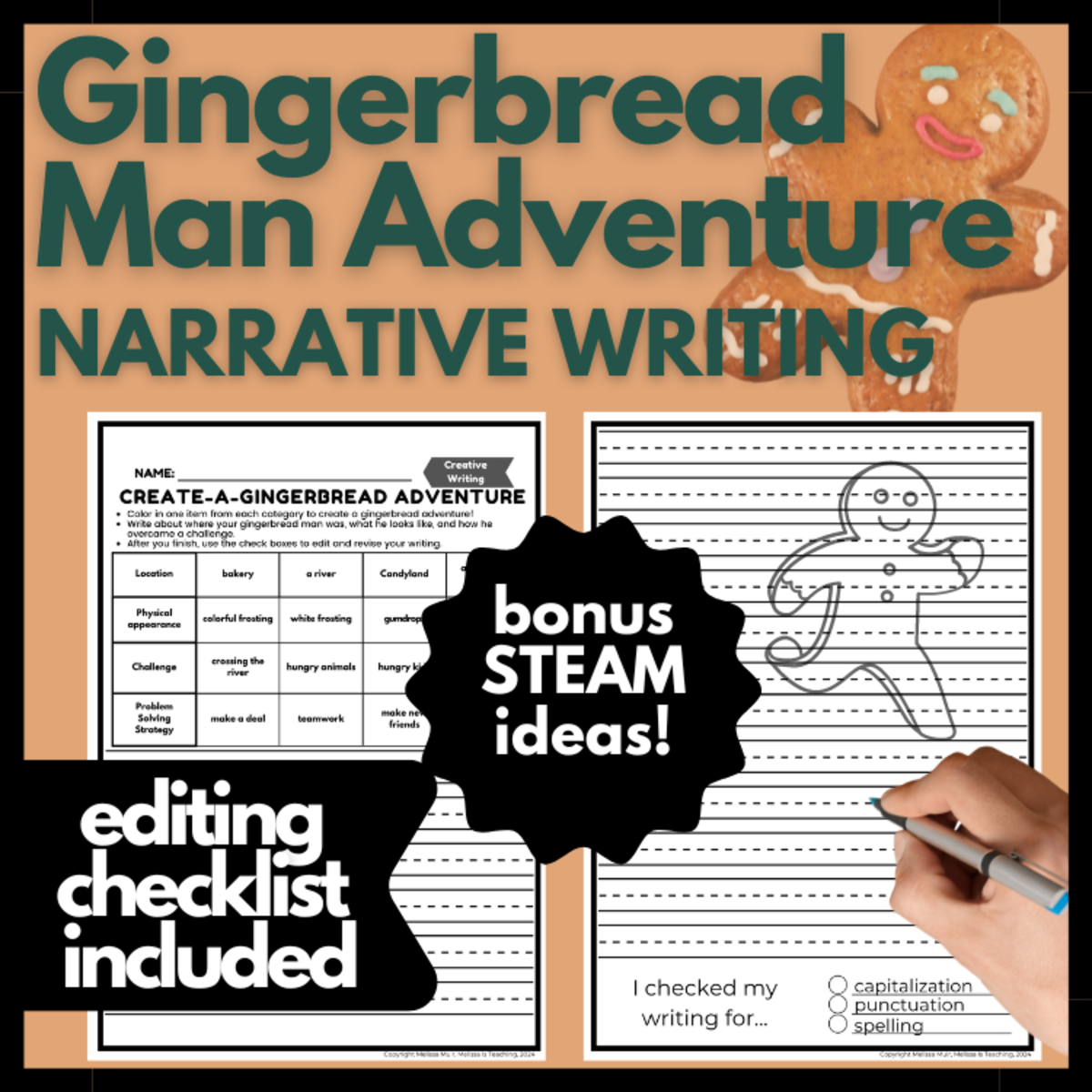 An educational teaching resource from Melissa Is Teaching entitled Gingerbread Man Adventure Writing Challenge | Problem Solving! downloadable at Teach Simple.