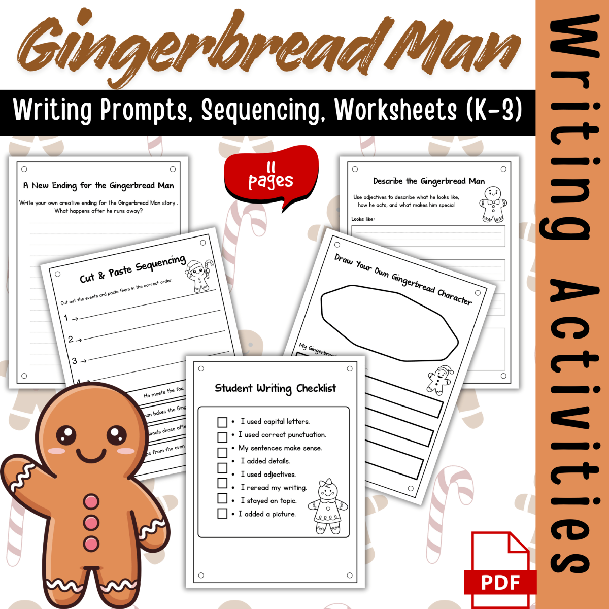 An educational teaching resource from Sadigitalart entitled Gingerbread Man Writing Activities | Prompts, Sequencing, Worksheets ( downloadable at Teach Simple.