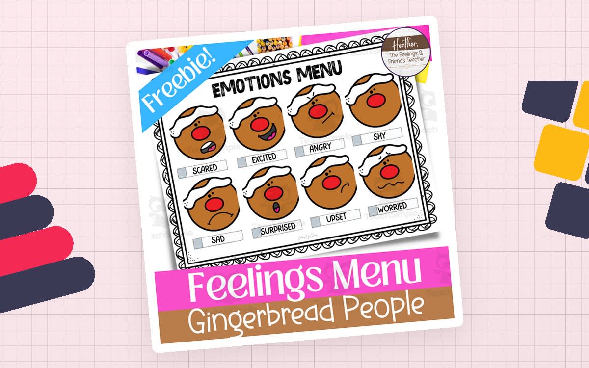 An educational teaching resource from The Feelings and Friends Teacher entitled Gingerbread Person Feelings Menu-- Emotions Chart and Reference Poster downloadable at Teach Simple.