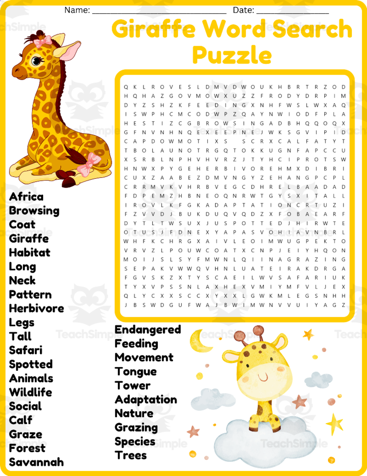 An educational teaching resource from space shope entitled Giraffe Word Search Puzzle Worksheet Activities (1st, 2nd, 3rd & 4th downloadable at Teach Simple.