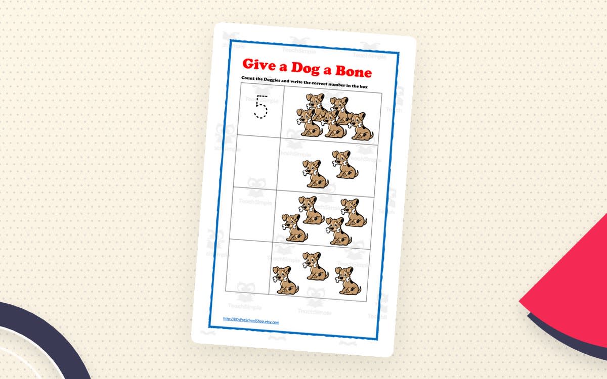An educational teaching resource from KD's Kids School Shop entitled Give a Dog a Bone – Dog-Themed Math Worksheets downloadable at Teach Simple.