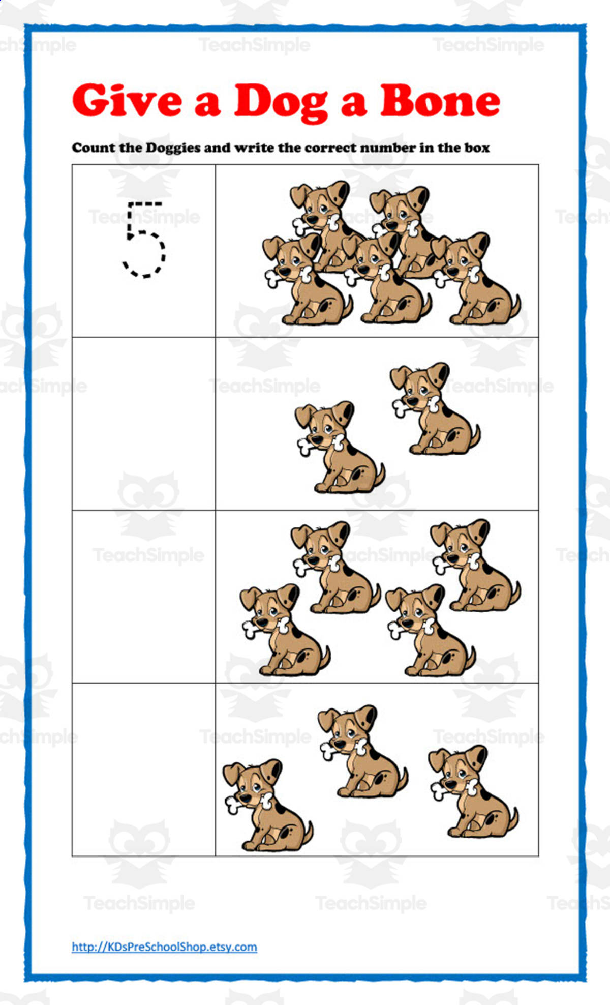 An educational teaching resource from KD's Kids School Shop entitled Give a Dog a Bone – Dog-Themed Math Worksheets downloadable at Teach Simple.