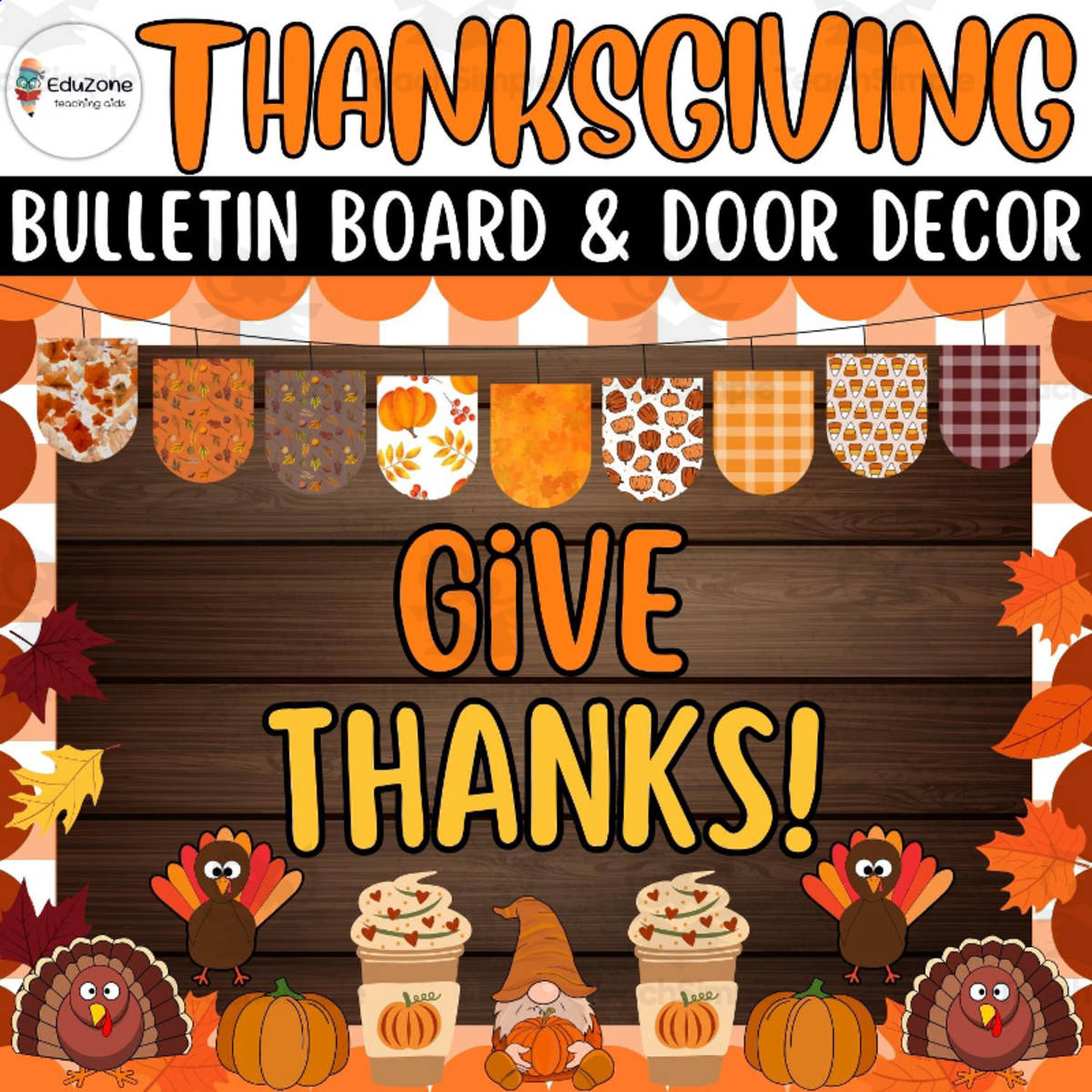 An educational teaching resource from Style Your Classroom entitled Give Thanks! Bulletin Board and Door Decor Crafts: Thanksgiving Ideas downloadable at Teach Simple.