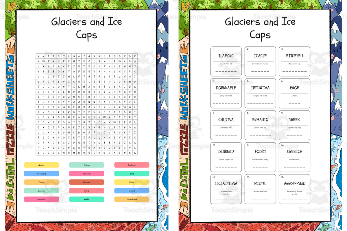 An educational teaching resource from Lapiiin Art Activities entitled Glaciers and Ice Caps word search, scramble and crossword puzzle downloadable at Teach Simple.