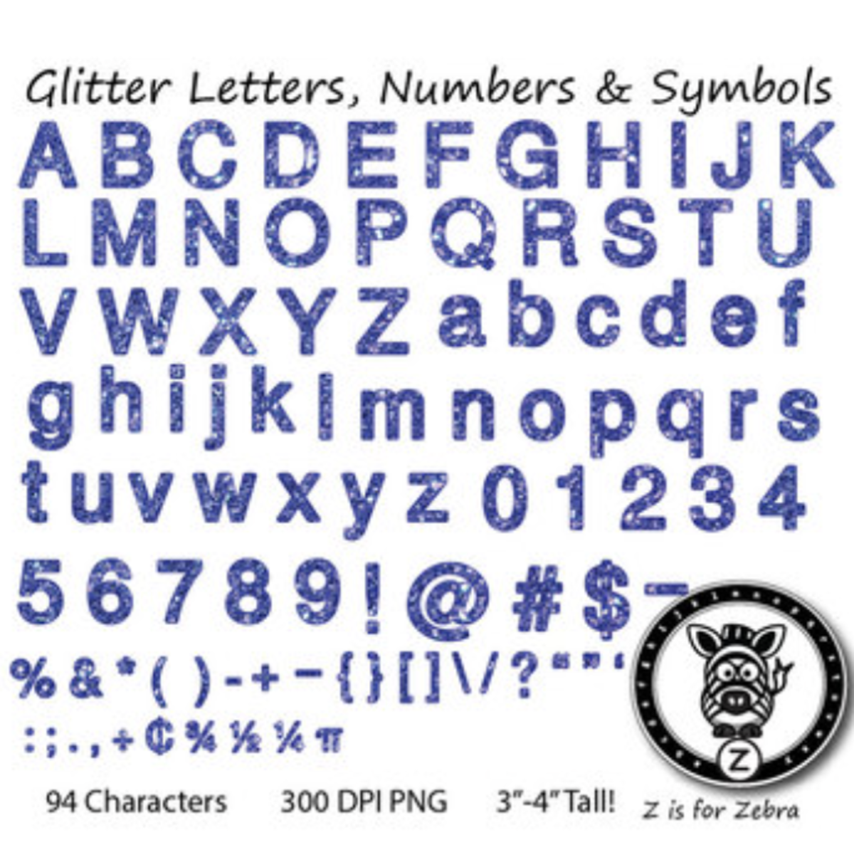 An educational teaching resource from Z is for Zebra entitled Glitter Letters, Numbers & Symbols - Dark Blue Glitter downloadable at Teach Simple.