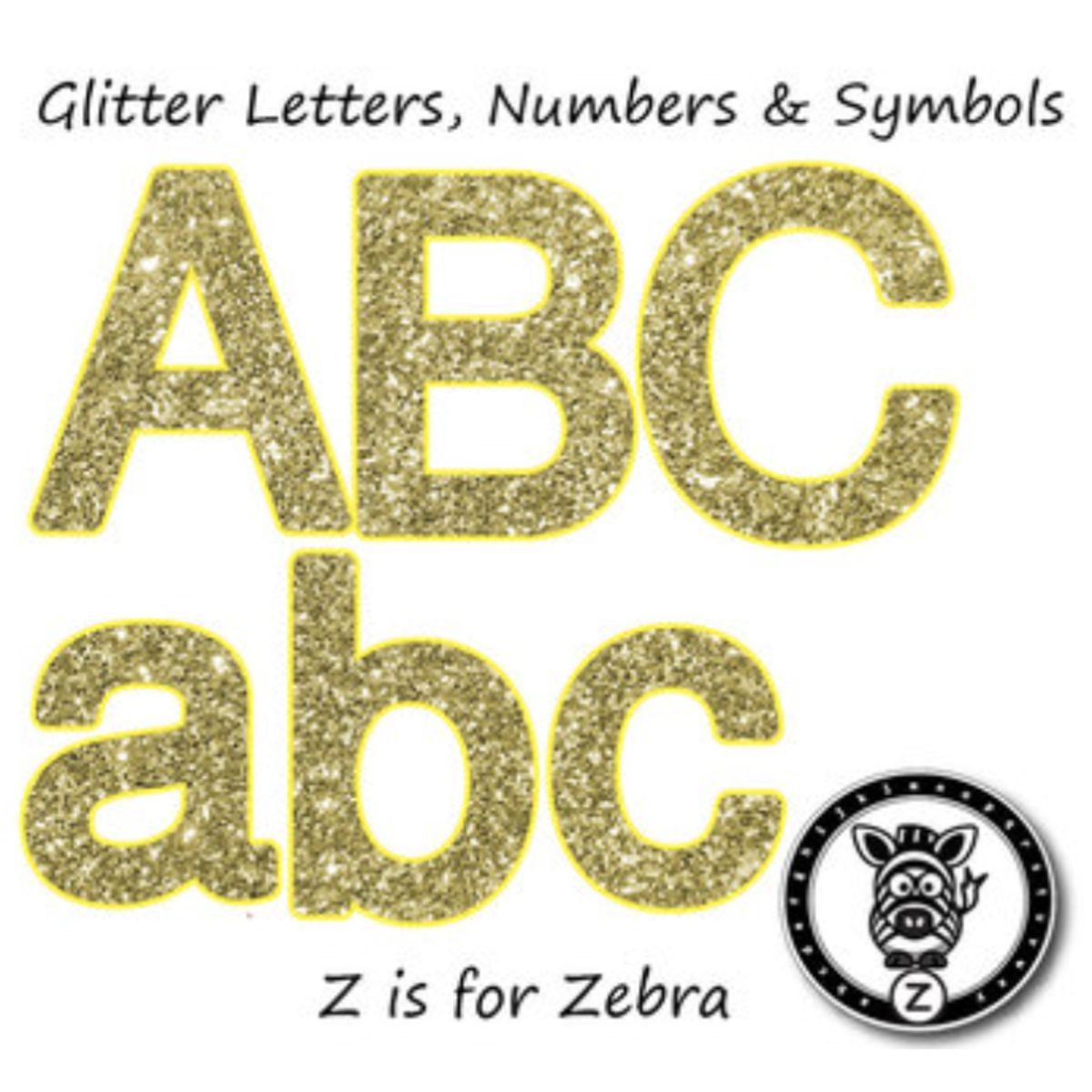 An educational teaching resource from Z is for Zebra entitled Glitter Letters, Numbers & Symbols - Gold Glitter Part 2 downloadable at Teach Simple.